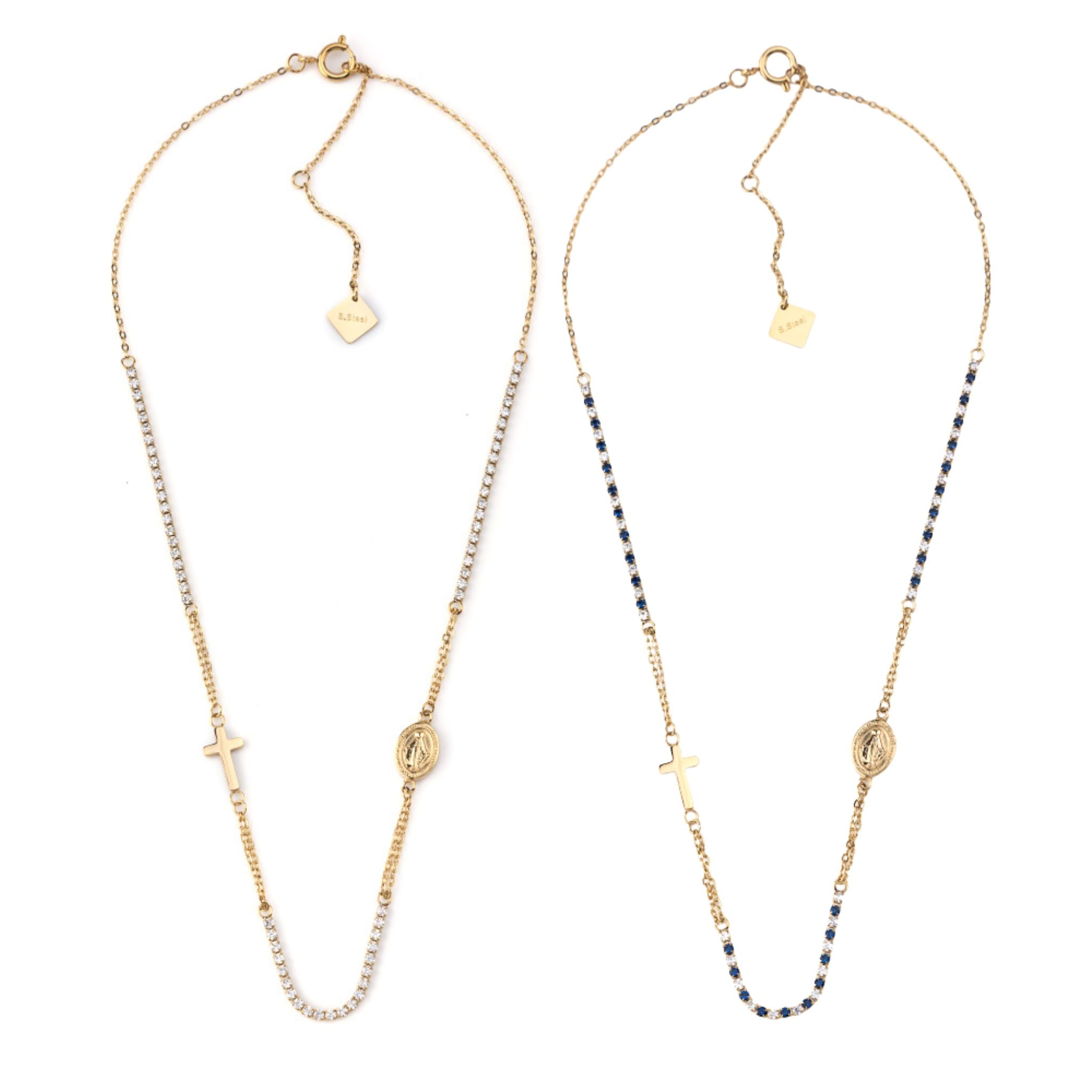 GRACE | Colar Estilo Rosário com Cruz e Nossa Senhora Milagrosa em Aço Inox