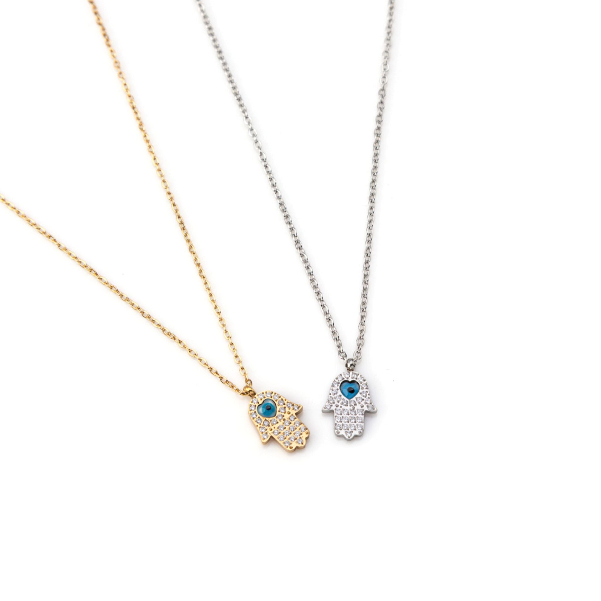 HAMSA | Colar com Mão de Fátima em Zircônias e Olho Turco em Aço Inoxidável