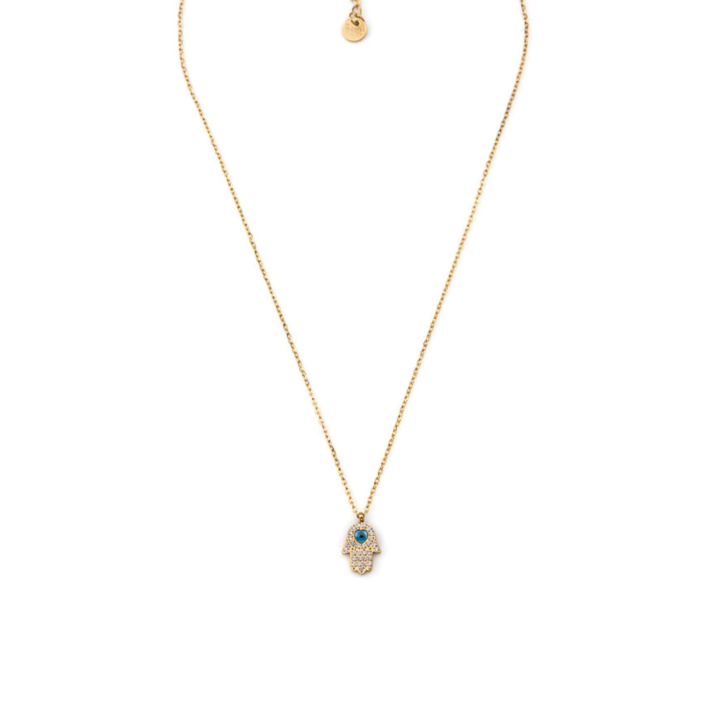 HAMSA | Colar com Mão de Fátima em Zircônias e Olho Turco em Aço Inoxidável