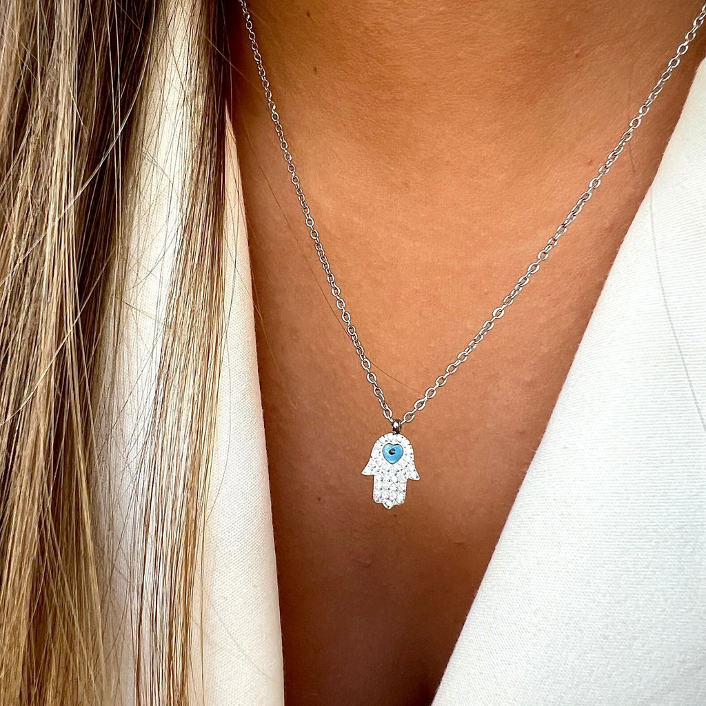 HAMSA | Colar com Mão de Fátima em Zircônias e Olho Turco em Aço Inoxidável