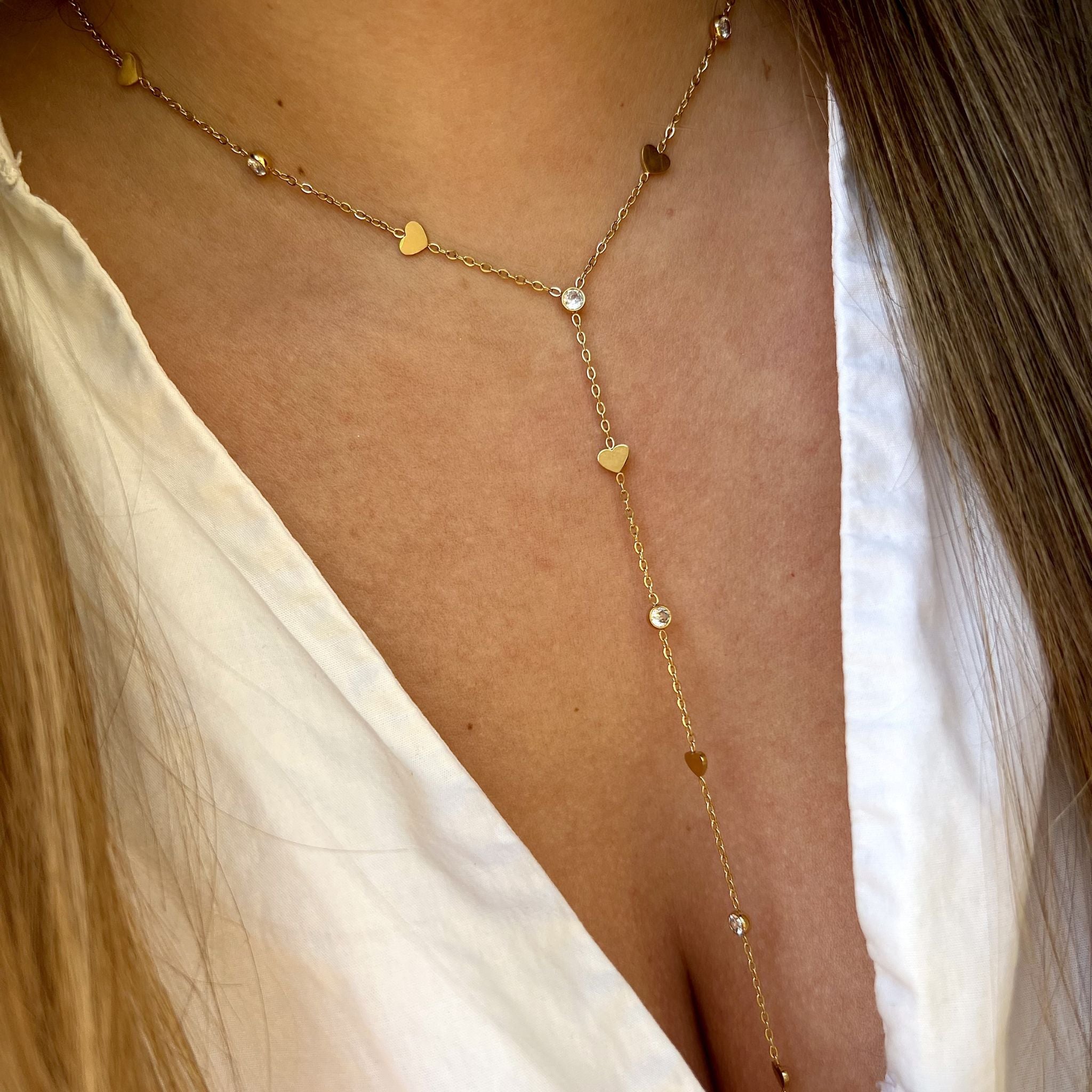 HEARTNESS | Colar Estilo Gravata com Corações e Brilhantes em Zircónias em Aço Inoxidável