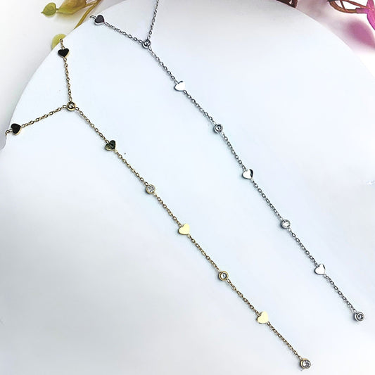 HEARTNESS | Colar Estilo Gravata com Corações e Brilhantes em Zircónias em Aço Inoxidável