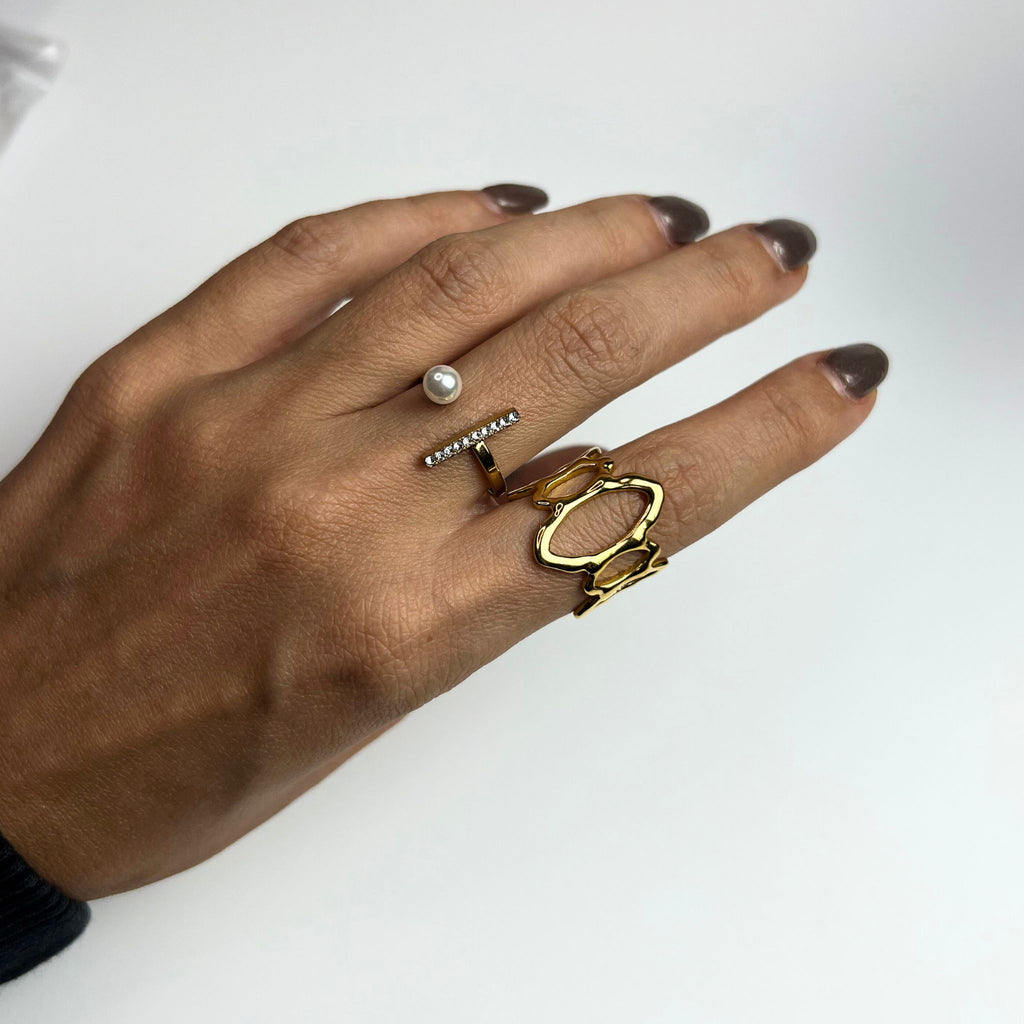 INCANTO | Anel Ajustável com Zircónias e Pérola em Aço Inoxidável