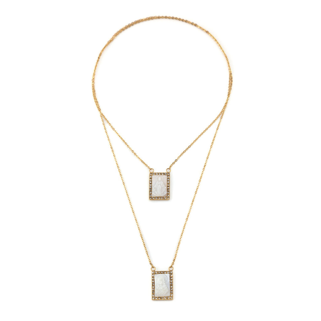 JASMIM II | Escapulário com Medalhas em Madrepérola e Zircônias em Aço Inoxidável