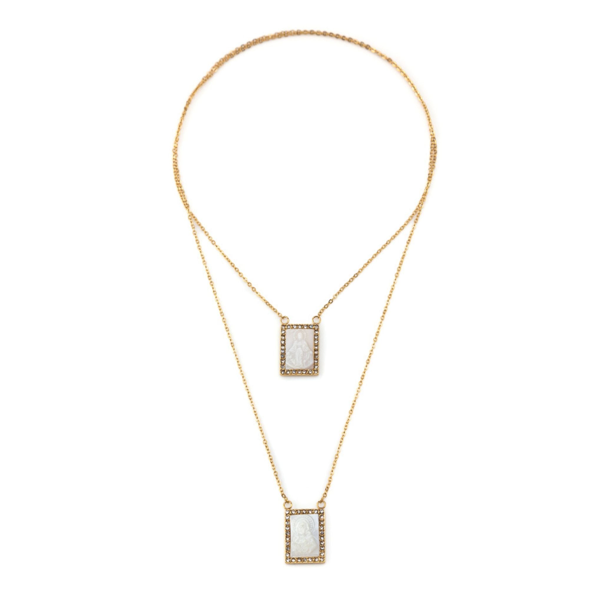 JASMIM II | Escapulário com Medalhas em Madrepérola e Zircônias em Aço Inoxidável