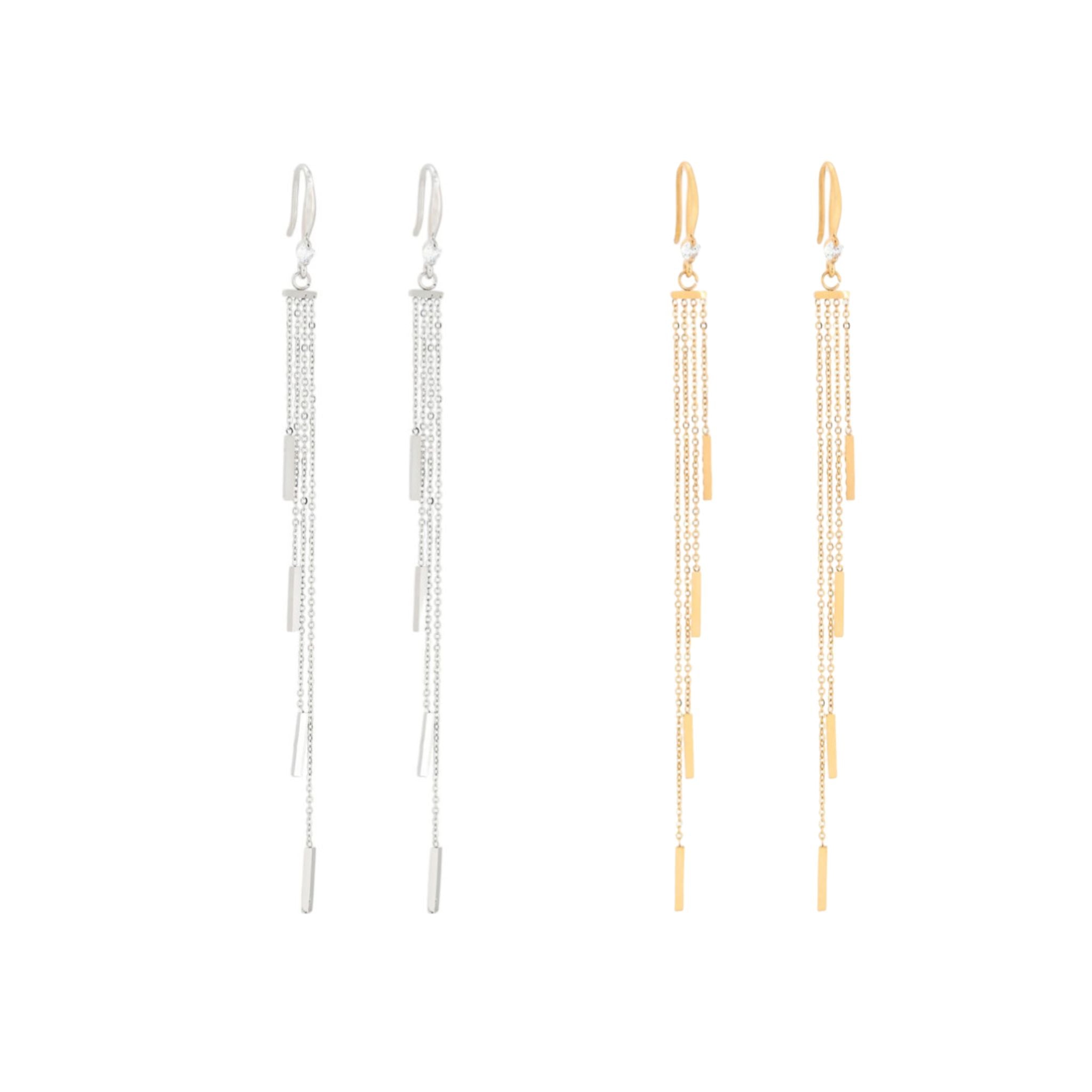 LENA | Brincos Compridos com Múltiplos Fiadas e Zircônia em Aço Inox