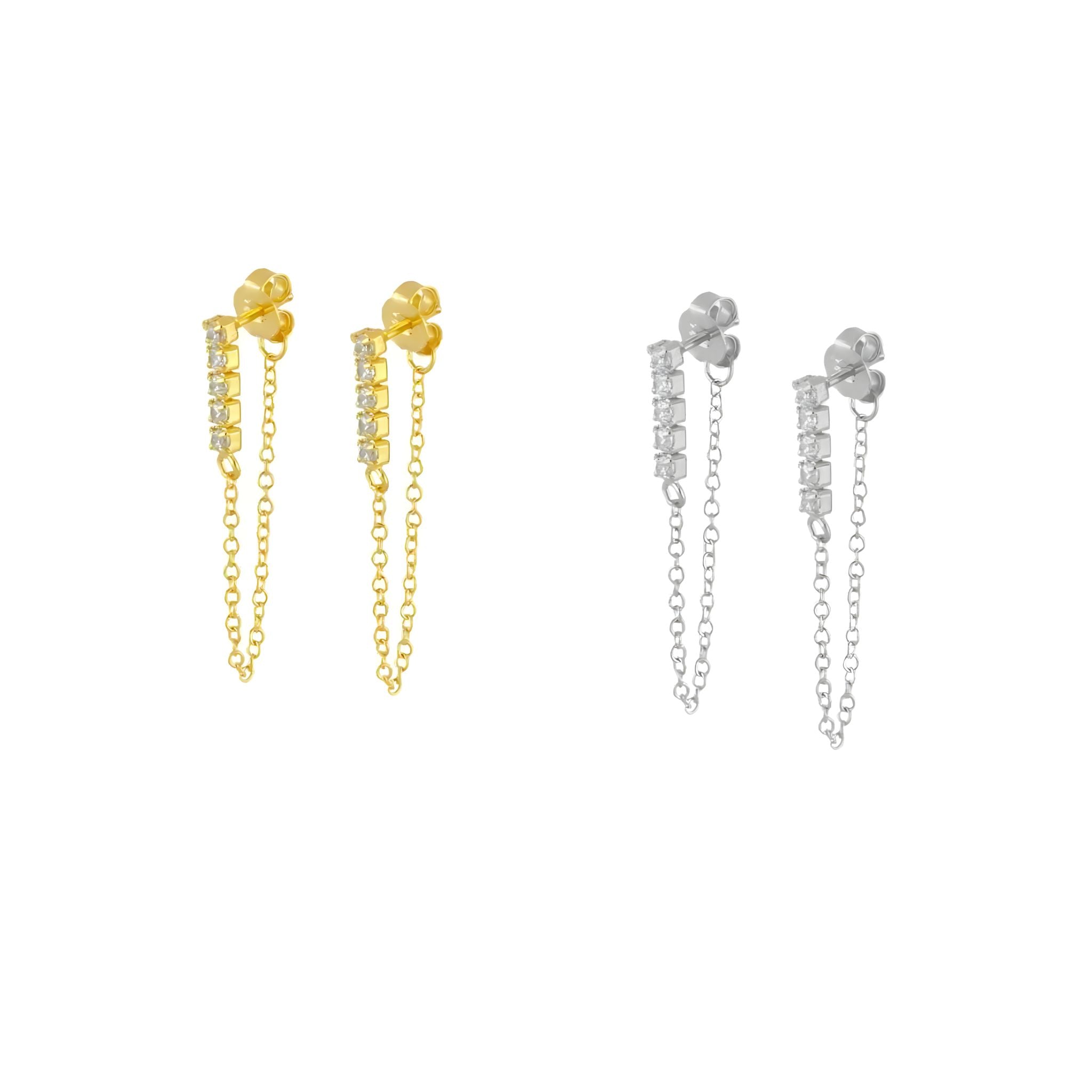 LILA II | Brincos Básicos com Brilhantes e Corrente em Aço Inox