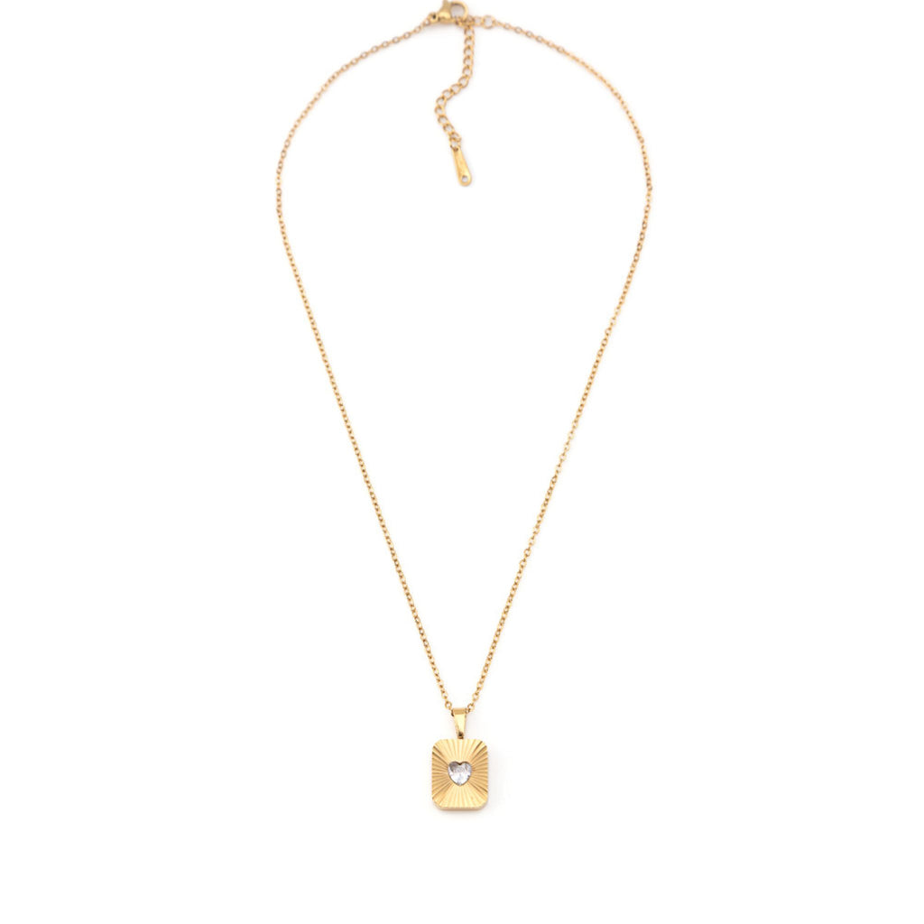 LOVE | Colar com Medalha Retangular e Coração em Zircônia em Aço Inox