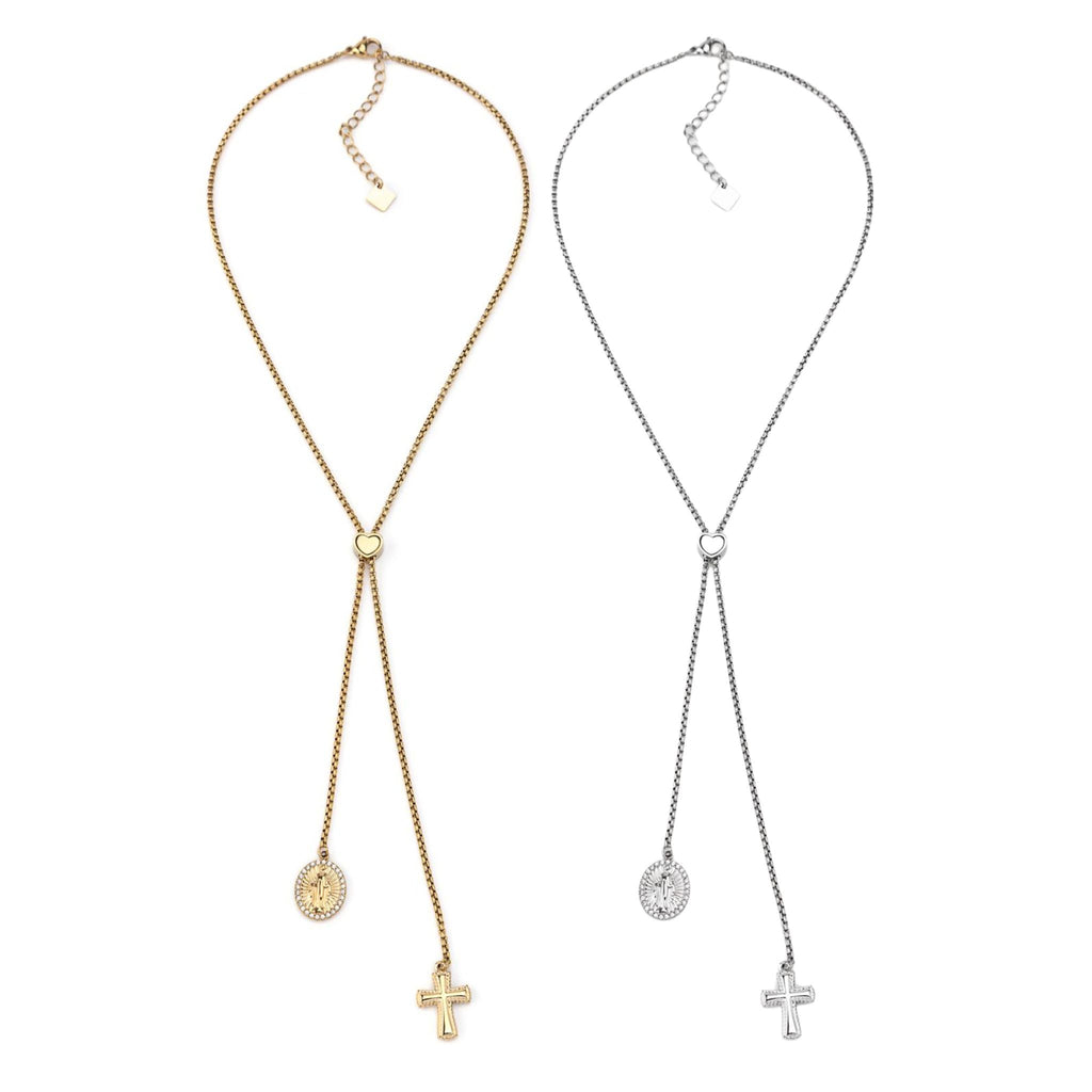 MADONNA | Colar Regulável com Cruz e Nossa Senhora Milagrosa em Aço Inox