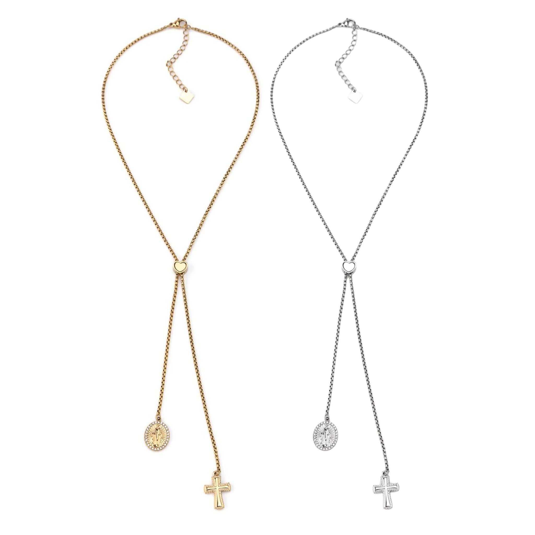 MADONNA | Colar Regulável com Cruz e Nossa Senhora Milagrosa em Aço Inox