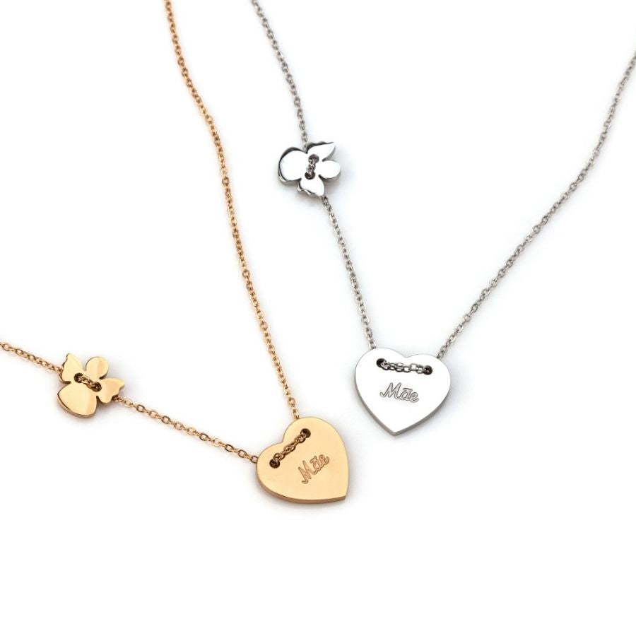 MALALA | Colar Mãe com Coração e Anjo em Aço inoxidável