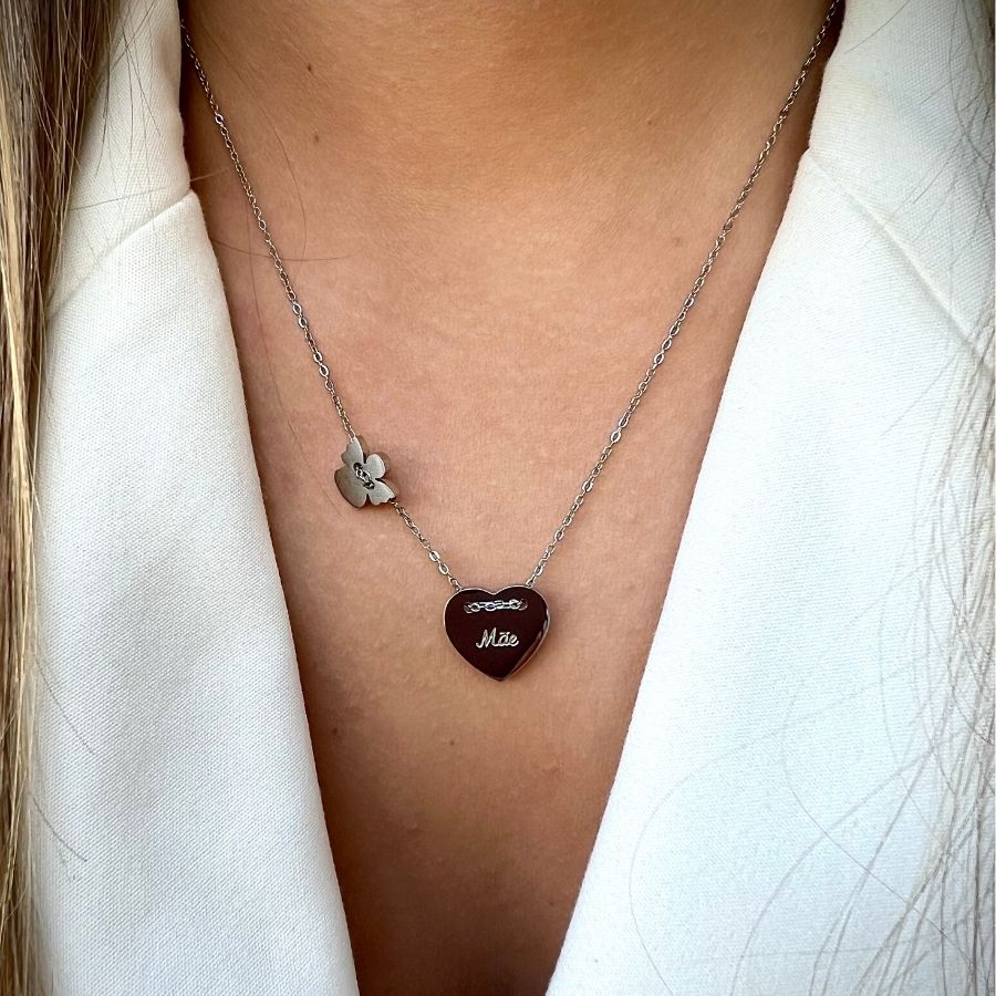 MALALA | Colar Mãe com Coração e Anjo em Aço inoxidável