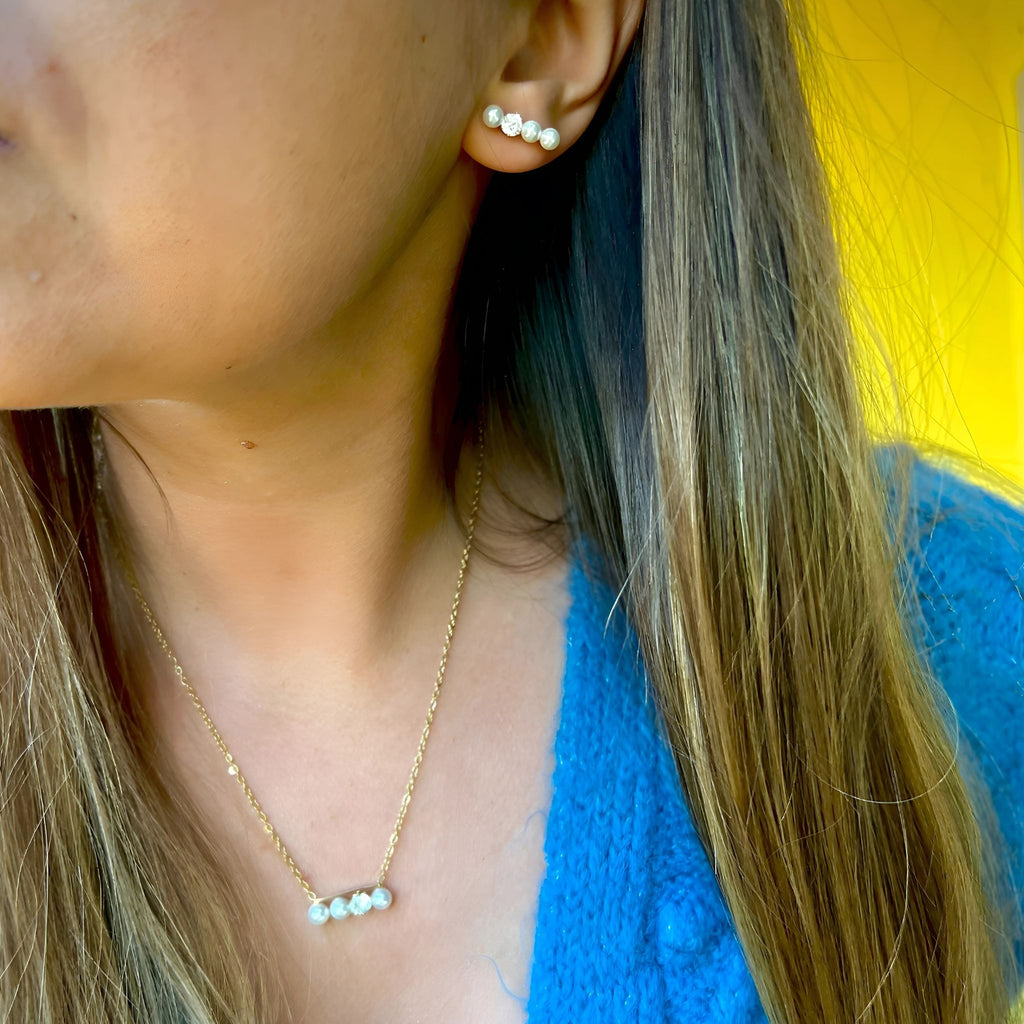 CONJUNTO MIRIAM | Colar + Brincos com Pérolas e Brilhante (Aço Inoxidável)