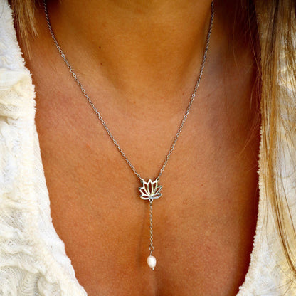 PURE LOTUS | Steel Necklace with Lotus Flower and Pearl Pendant