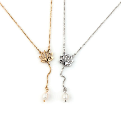 PURE LOTUS | Steel Necklace with Lotus Flower and Pearl Pendant
