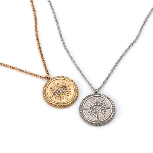 RACHEL | Stainless Steel Necklace with Turkish Eye Medal and Zirconia