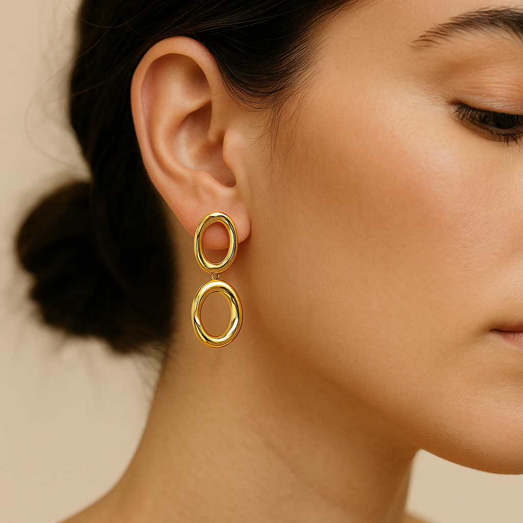 ROUNDLESS | Brincos Compridos com Dois Elos Ovais em Aço Inoxidável