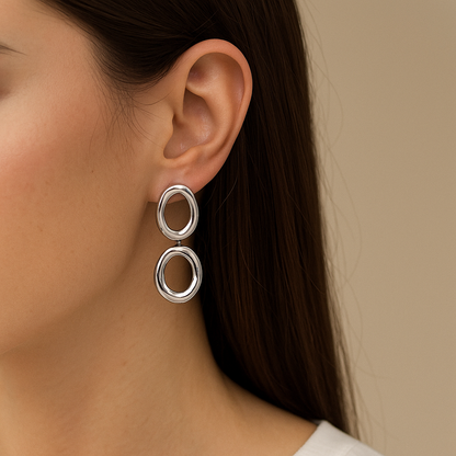 ROUNDLESS | Brincos Compridos com Dois Elos Ovais em Aço Inoxidável