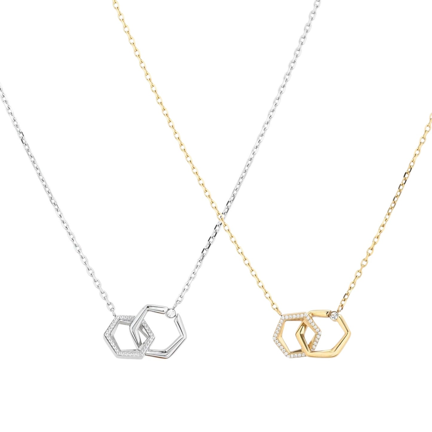 ZARA I | Colar com Hexágonos Interlaçados e Zircônias em Aço Inox